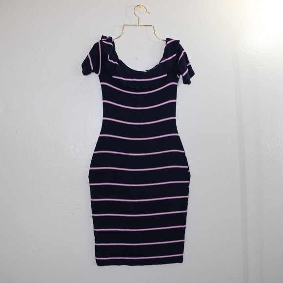 Decree Dresses & Skirts - Decree Navy Blue Ribbed Off-the-Shoulder Dress - Pink and White Stripes - Ruffle